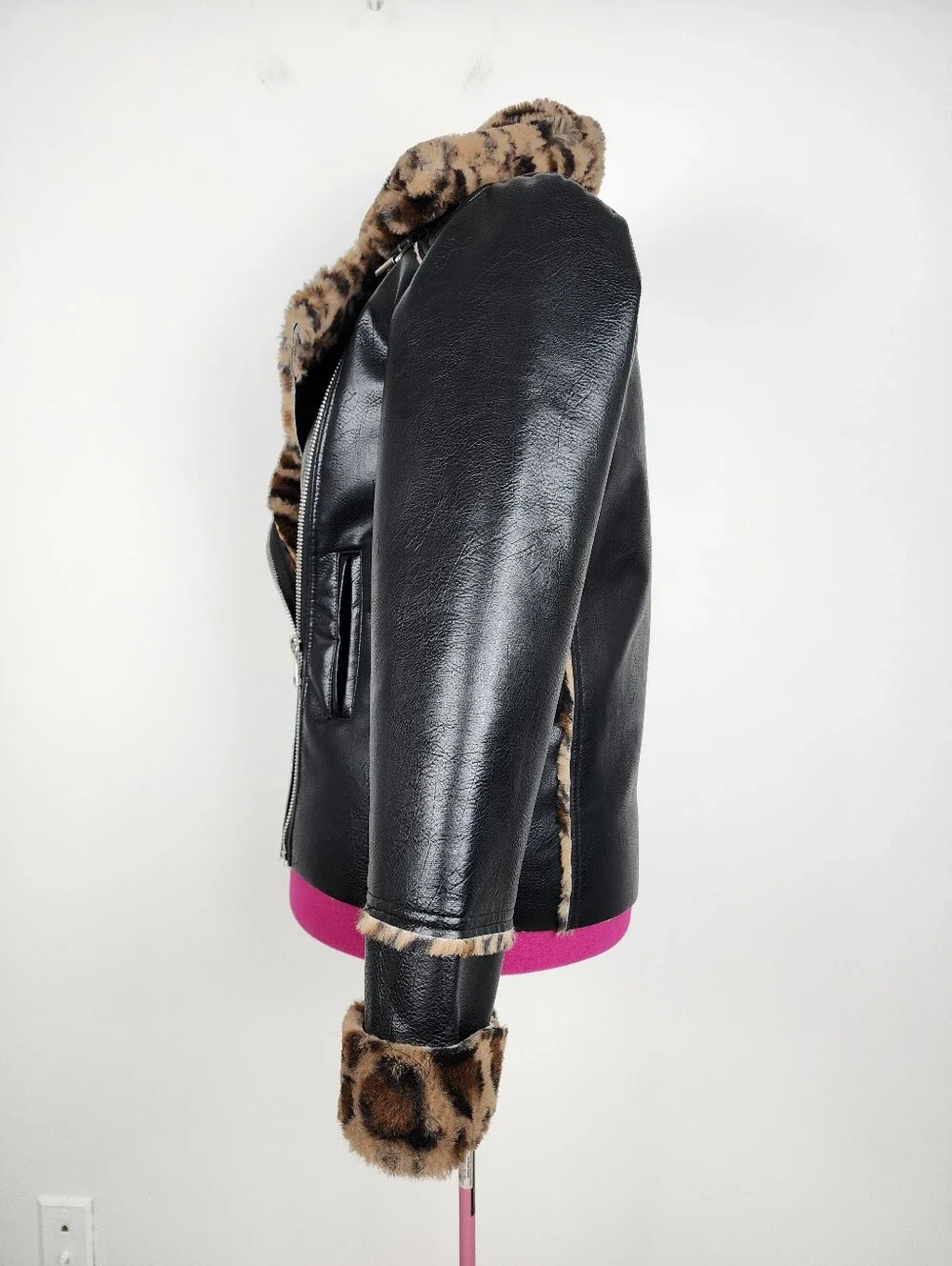 Black Faux Leather Moto Jacket with Leopard Faux Fur Accent